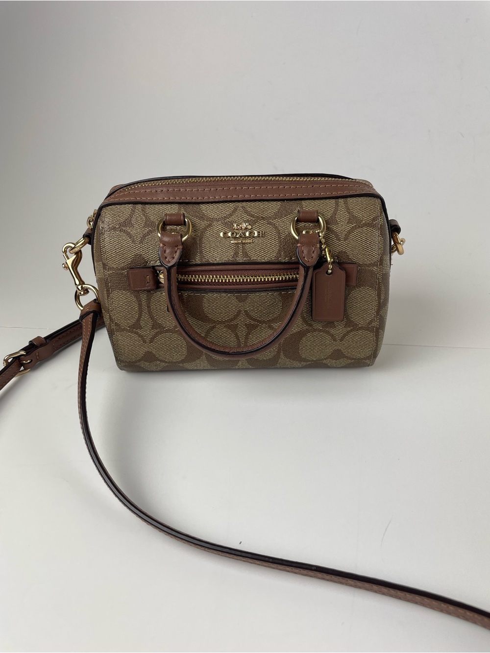 Coach Mini Rowan Crossbody Bag Khaki Saddle Canvas Monogram Satchel